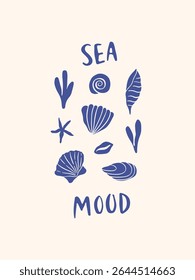 Hand drawn coastal poster with seashells, coral silhouette. Underwater vector illustration with saying. Ocean shell art drawing. Mediterranean sea life on beige background. Undersea aesthetic wall art