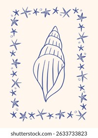 Hand drawn coastal poster. Whimsical seashell vector illustration. Sketch ocean shell, starfish drawing. Mediterranean sea marine life on beige background. Undersea aesthetic wall art