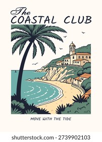 Hand drawn coastal scene with palm trees and gentle waves