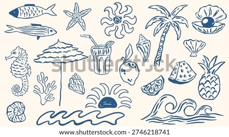 Hand drawn coastal summer set. Chalk doodle beach and surf, tropical elements palm trees, waves, sun, lemon, seashells. Vector illustration perfect for designs, t-shirts, posters, and placards prints