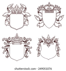 Hand drawn coat of arms set. Vector illustration.