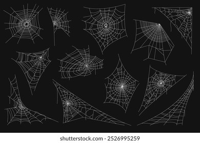 Hand drawn cobwebs. Various shapes Halloween spider webs. Gothic decorations. Braided insects traps. Creepy spiderwebs. Insect threads. Arachnids net. Horror spooky