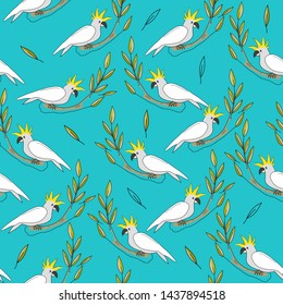 hand drawn cockatoo,australia native bird seamless pattern on bright blue background