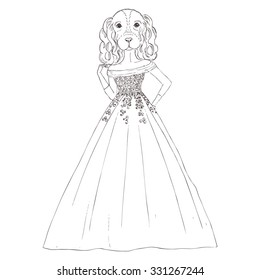 Hand drawn Cocker Spaniel dressed up in wedding dress. Can be used to design for invitation, card, poster. Fashion dog. Vector sketch illustration. 