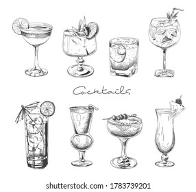 Hand drawn cocktail. Alcoholic drinks in glasses. Sketch juice, margarita martini. Cocktail with rum, gin whiskey vector set.