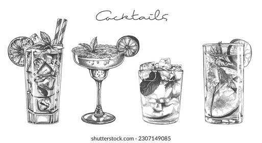 Hand drawn cocktail. Alcoholic drinks in glasses. Sketch juice. Vector set.