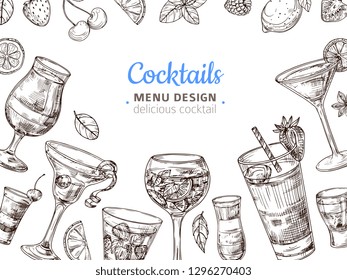 Hand Drawn Cocktail Background. Engraving Cocktails Alcoholic Drinks Vintage Vector Illustration