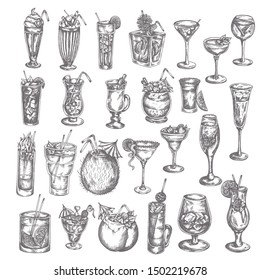 Hand drawn cocktail big set Sketch of alcoholic drinks in glasses Cocktails icon in vintage style. Elemnets for menu, bar, restaurant. Engraved style