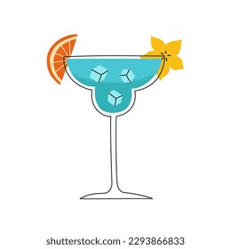 Hand drawn cocktail Blue lagoon. Tropical summer cocktail with ice and slices fruits. Vector flat illustration.