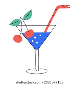 Hand drawn cocktail with cherry and straw. Cold drink, summer beverage. Bright decorative element. Color flat vector illustration isolated on a white background