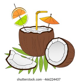 Hand drawn cocktail in coconut with straw, orange and lime decoration and cocktails umbrella standing on palm leaf. Half and piece of tropical fruit isolated on white background. Vector illustration.
