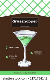 Hand drawn cocktail in color with recipe. Alcohol theme with ingredients for card or poster. Vector illustration.