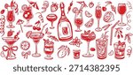 Hand drawn cocktail doodle set with bar drinks, wine glasses, fruits, citrus slices in sketch style 