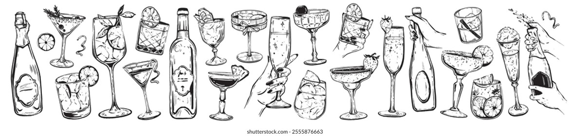 Hand drawn cocktail doodle set, vector party alcohol glass bar drinks hand drawn beverages print. Champagne bottle martini, citrus refreshment liqueur, lemon vintage margarita. Cocktail doodle clipart