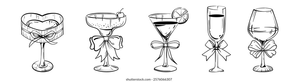 Hand drawn cocktail doodle set, vector party alcohol glass bar drinks hand drawn beverages print. Champagne bottle martini, citrus refreshment liqueur, lemon vintage margarita. Cocktail doodle clipart