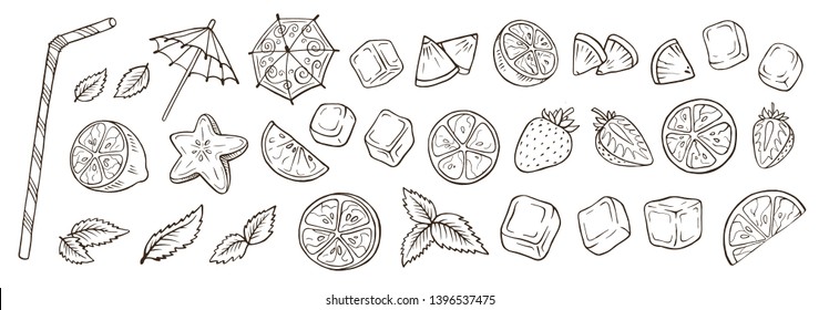 Hand drawn cocktail elements vector illustration isolated on white background. Fresh summer berries, ice, lemon mint leaves sketches.