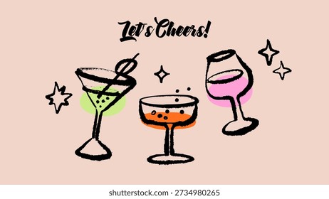 Hand drawn cocktail glasses poster. Party celebration, bar invitation, greeting card, menu cover design. Sketch crayon vector illustration.