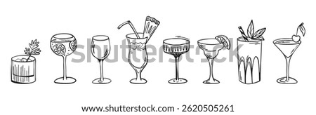 Hand drawn cocktail glasses set in black and white line art