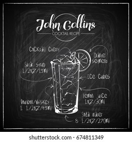 Hand drawn cocktail illustration on a chalkboard background. Vector collection.