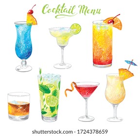 hand drawn cocktail menu cosmopolitan mojito tequila margarita alcohol illustration set