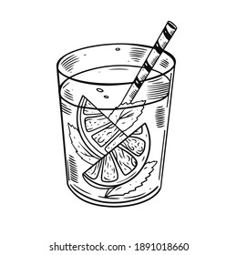 Hand drawn cocktail with orange and mint. Black color engraving style. Bar menu vector illustration.