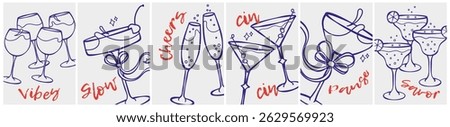 hand drawn cocktail poster set. la dolce vita summer drink illustration card in doodle contour minimal style with bow