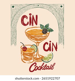 hand drawn cocktail poster for wall art or t-shirt graphic. Women's summer graphic tee. Vector hand drawn cocktail packaging label design template