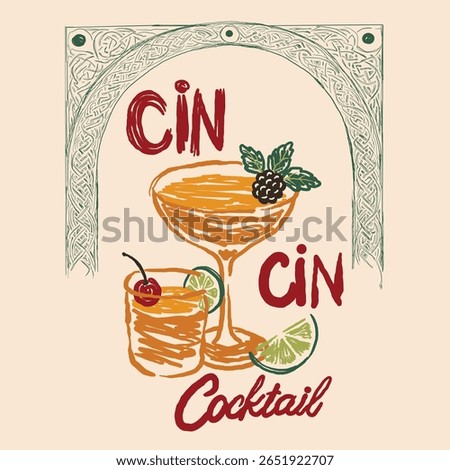 hand drawn cocktail poster for wall art or t-shirt graphic. Women's summer graphic tee. Vector hand drawn cocktail packaging label design template