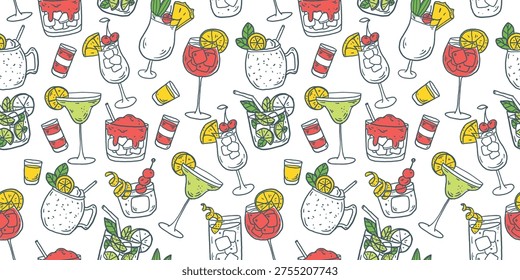 Hand drawn cocktail seamless pattern. Whimsical drinks doodles. Hand drawn vector illustration for menu, packaging design. Cocktails quirky icons, simple sketch style. Partially colored drawing