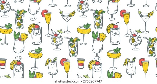 Hand drawn cocktail seamless pattern. Whimsical drinks doodles. Hand drawn vector illustration for menu, packaging design. Cocktails quirky icons, simple sketch style. Partially colored drawing