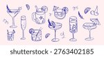 Hand drawn cocktail set with martini margarita champagne wine and mixed drinks glasses with citrus garnish in blue line style for bar menu design packaging branding, beverage related graphics.Vector