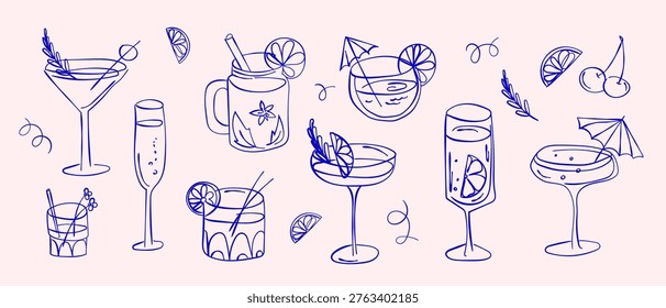 Hand drawn cocktail set with martini margarita champagne wine and mixed drinks glasses with citrus garnish in blue line style for bar menu design packaging branding, beverage related graphics.Vector