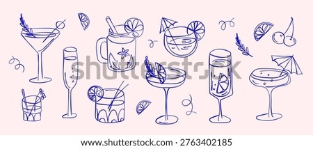 Hand drawn cocktail set with martini margarita champagne wine and mixed drinks glasses with citrus garnish in blue line style for bar menu design packaging branding, beverage related graphics.Vector