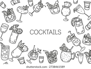 Hand drawn cocktail sketch frame . Whimsical food and drink doodles set. Hand drawn vector illustration for menu, packaging design. Cocktails quirky icons, simple sketch style. Minimalist line art.