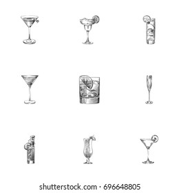 Hand Drawn Cocktail Sketches Set. Collection Of Pina Colada, Martinez, Beverage And Other Sketch Elements.