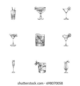 Hand Drawn Cocktail Sketches Set. Collection Of Old Fashioned, Cocktail, Beverage And Other Sketch Elements.