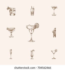 Hand Drawn Cocktail Sketches Set. Collection Of Old Fashioned, Cocktail, Manhattan And Other Sketch Elements.