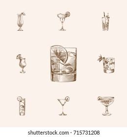 Hand Drawn Cocktail Sketches Set. Collection Of Bloody Mary, MAI TAI, Beverage And Other Sketch Elements.