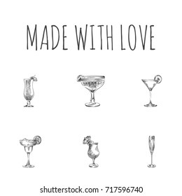 Hand Drawn Cocktail Sketches Set. Collection Of Margarita, MAI TAI, Pina Colada And Other Sketch Elements.