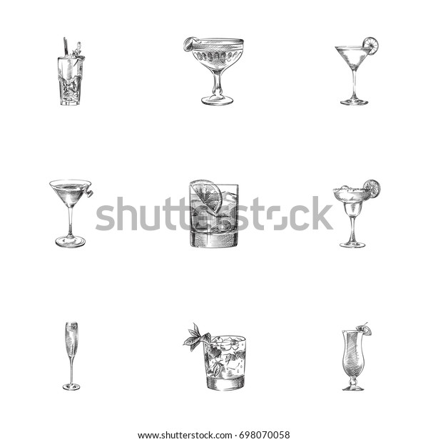 Hand Drawn Cocktail
Sketches Set. Collection Of Old Fashioned, Cocktail, Beverage And
Other Sketch Elements.