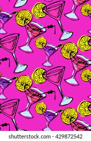 Hand drawn cocktail vector pattern. Summer cocktail pattern. Vector illustration.