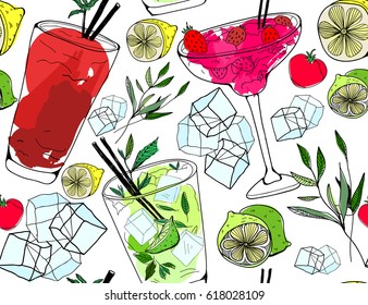 Hand drawn cocktails. Colored vector seamless pattern