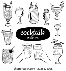 Elementos de cócteles dibujados a mano. Diseñado para la decoración de menús, sitios web, banners, presentaciones, fondos, afiches, blogs y redes sociales. Ilustración vectorial.