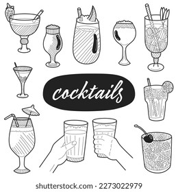 Hand drawn cocktails elements. Sketch style. Vector illustration.