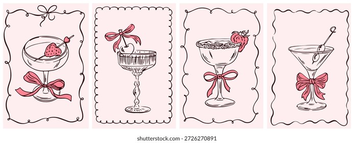 Hand drawn cocktails and frames. Whimsical alcohol beverages with bow, ribbons, cherry and strawberry. Vector vintage bar design elements for wedding invitation, birthday card, bachelorette party
