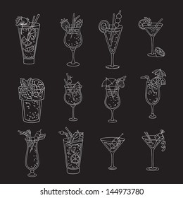 Hand drawn cocktails icons. Isolated object on black background.