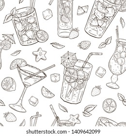 Hand drawn cocktails seamless pattern vector illustration isolated on white background. Cold and sweet summer drinks in glass with ice, lemon and mint. Fresh tropical beverages sketches.