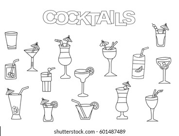 Hand drawn cocktails set. Coloring book template.  Outline doodle elements vector illustration. Kids game page