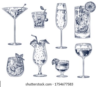 Hand drawn cocktails. Sketch alcohol drinks in glasses. Beverage such as cherry cocktail, champagne and pina colada, strawberry mojito, wine for restaurant, cafe, bar menu vector illustration set.