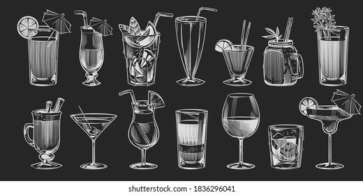 Hand drawn cocktails. Sketch cocktail set isolated on black background chalk drawing style alcohol drink in glass for party restaurant or cafe menu tropical pina colada and margarita vector collection